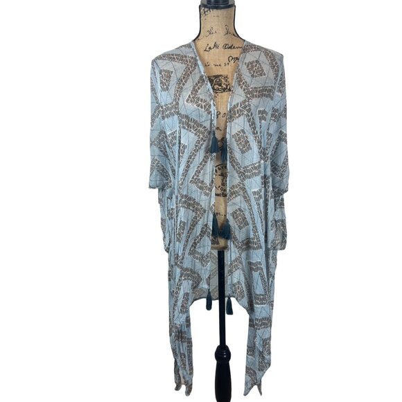 Vivante Blue & White Lightweight Gauze Boho Tasseled‎ Swim Cover Kimono - Picture 3 of 10